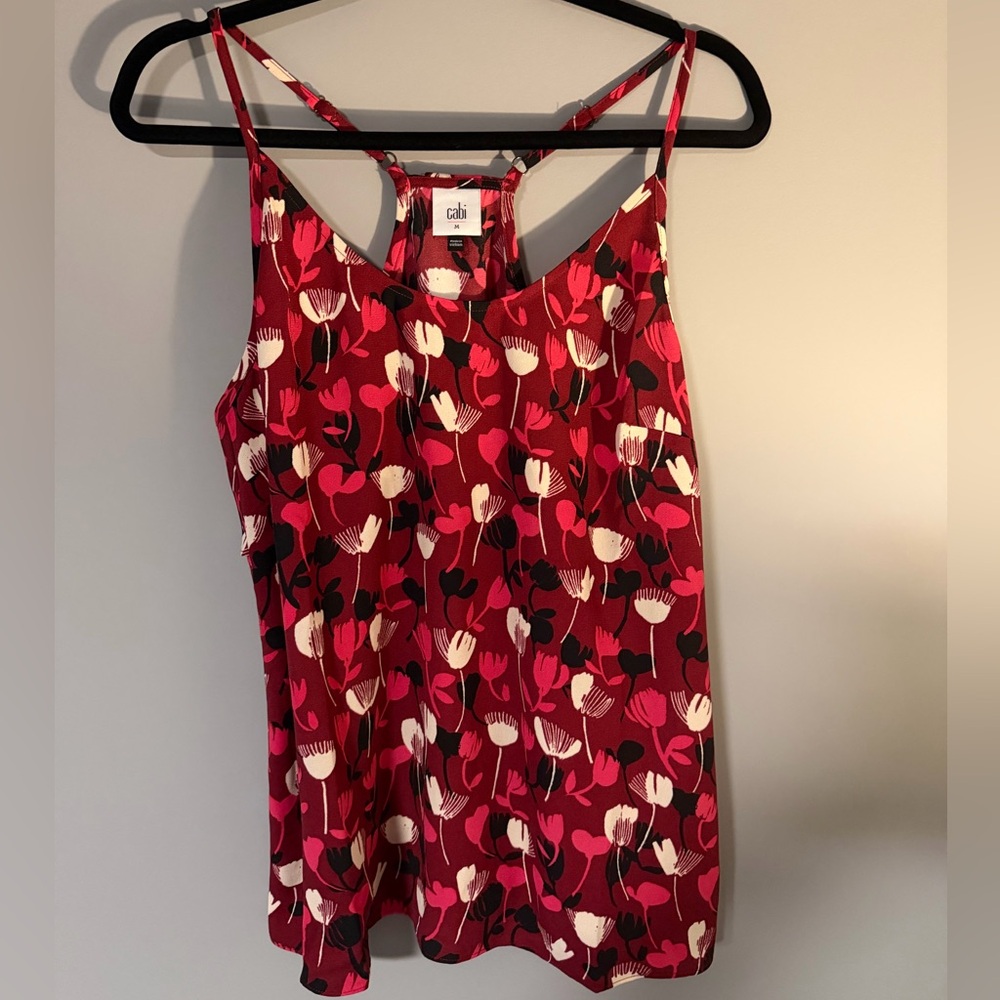 CAbi Red, Pink and Black Floral Camisole Style Blouse. Ruffle detail on back.